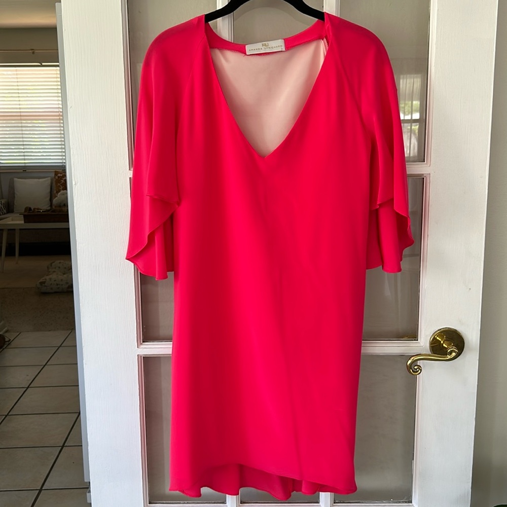 Amanda Uprichard 100% Silk Flutter Sleeve Shift Cocktail Dress Hot Pink Small